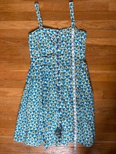 Tory Burch turquoise purple geometric pattern 100% cotton pleated resort dress