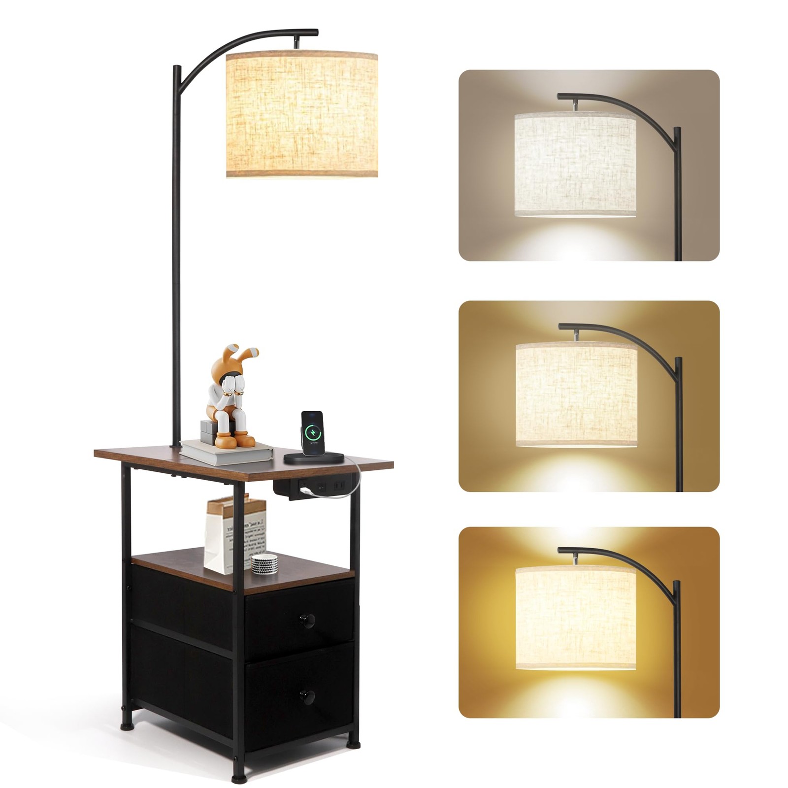 Modern Floor Lamp with Side Table, 3-Tone Lighting & 2 Drawers-image