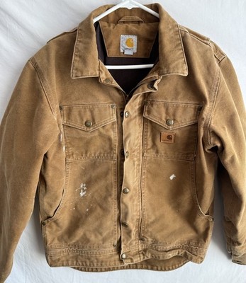 Carhartt BERWICK Y2K Mens Small Work Jacket Tan Zip Button Lined Pockets Paint