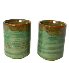 MINO WARE JAPANESE TEA CUP SET 2 GREEN BROWN GLAZED CERAMIC YUNOMI MADE IN JAPAN