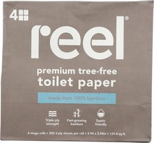 Reel Paper Premium Tree-Free Toilet Paper, 100% Bamboo, 3 Ply, 4 Count
