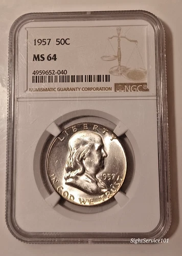 1957 Franklin 50C Silver Half Dollar, NGC MS64, NICE COIN! NICE LUSTER!