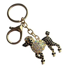 Women's Gold Black Iridescent Poodle Dog Key Chain Charm Rhinestone 4"