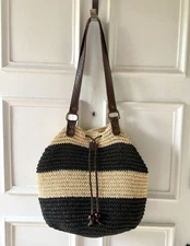 Sun N Sand Accessories Striped Woven Straw Tote Bag Faux Leather Shoulder Purse