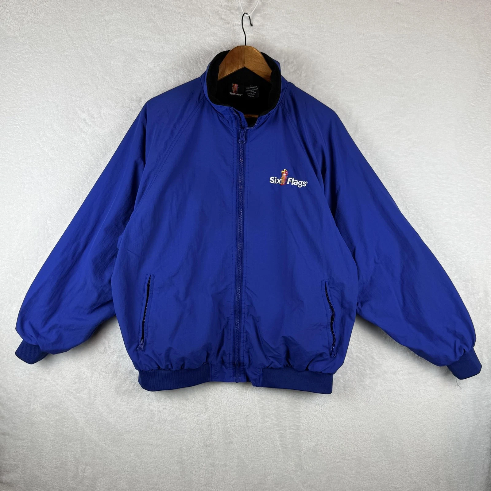 Six Flags Jacket Mens Large Blue Hooded Fleece Lined Full Zip Windbreaker