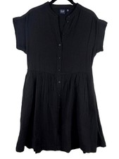 Gap Black Crinkle Gauze Mini Shirt Dress Short Sleeve Button Front Women's XS