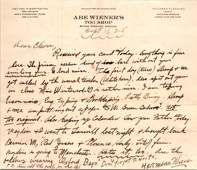 Abe Wiener's Tog Shop South Whitley IN 1925 Letterhead Hermann Wiener