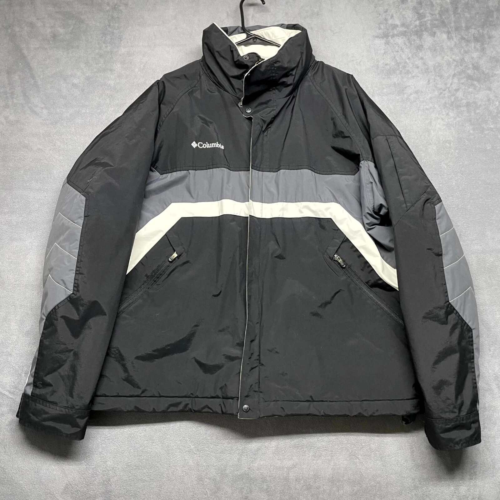 Columbia Parka Jacket Men's XL Black White 100% Nylon Waterproof Long Sleeve