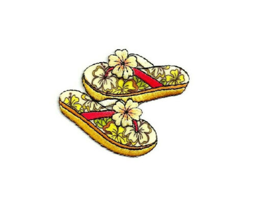 Flip Flops - Embroidered Iron On Applique Patch - Tropical Flowers - Crafts - Picture 1 of 1