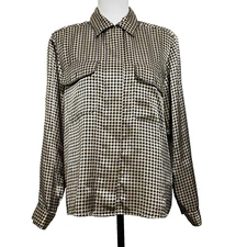 VTG Notations Houndstooth gold shiny button up blouse with shoulder pads size 12