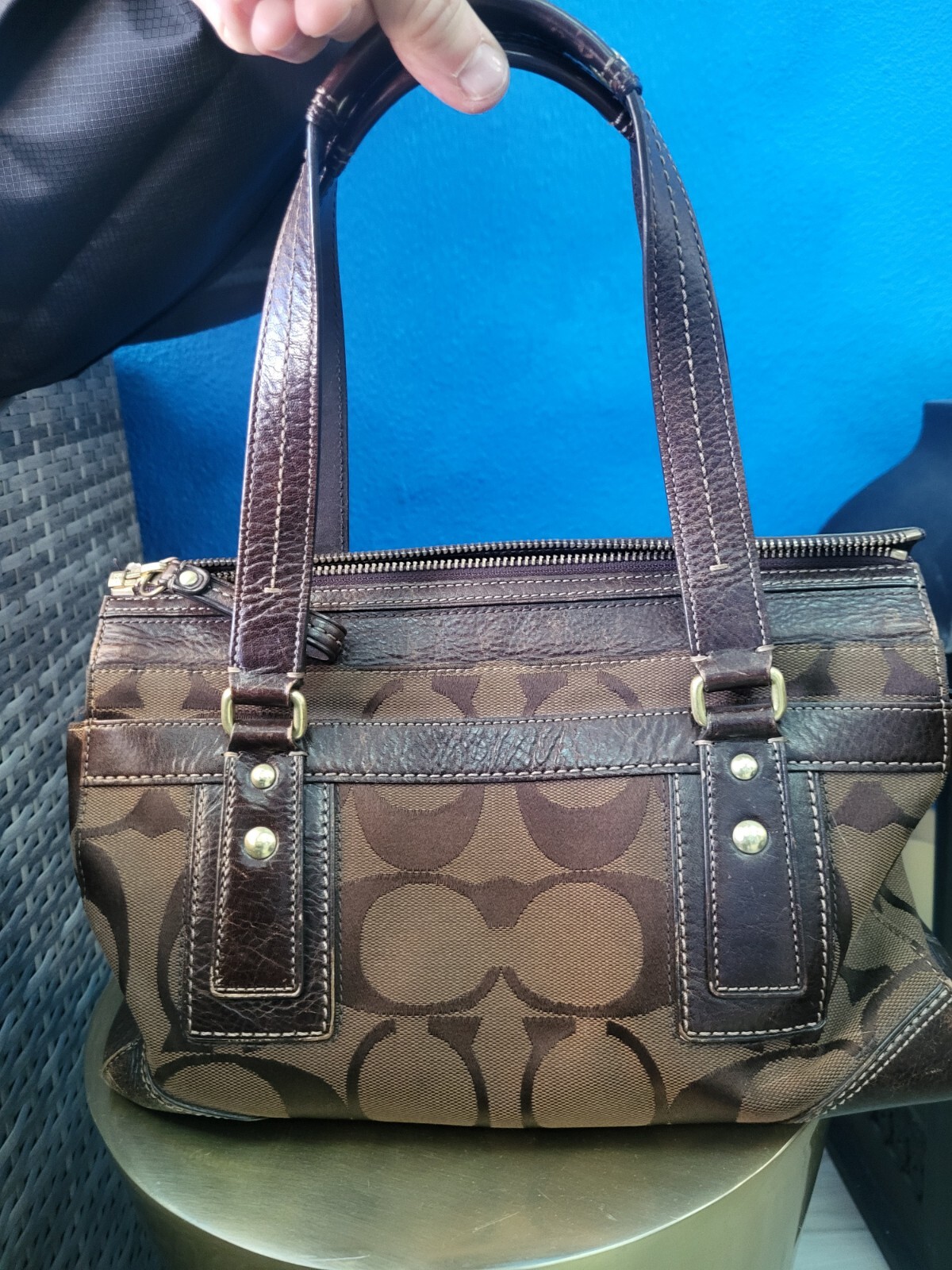 Authentic Coach Monogram Brown Leather Handbag To… - image 2