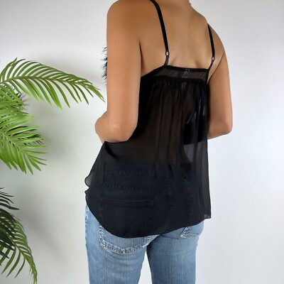 Vintage Y2K Black Whimsigoth Organza Faux Fur Lingerie Slip Top