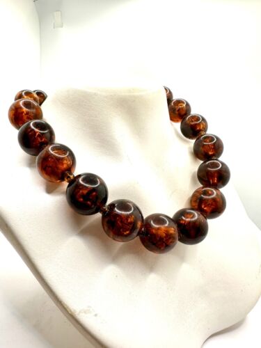Faux Amber Vintage Beaded Necklace Chunky Brown Plastic Imitation Retro - Picture 5 of 7