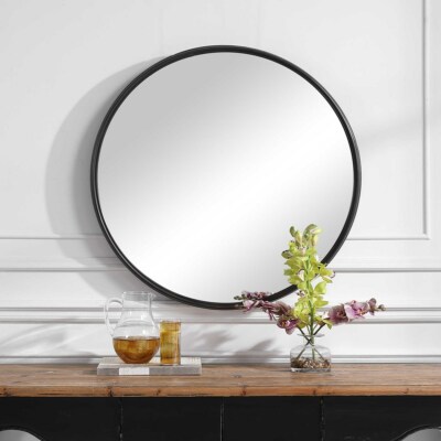 BELHAM XXL 35'' AGED BLACK IRON ROUND WALL VANITY MIRROR 09692 UTTERMOST