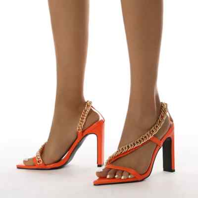 Damen Sandalen bequemer Absatz 11 cm orange gold Kunstleder elegant 48818