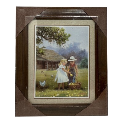 Vintage 70s M Caroselli Framed Print Kids in Pasture Farm Scene Rustic Cabin Art