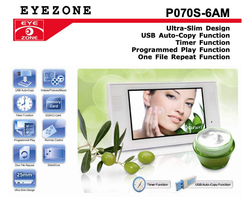 Écran 7 pouces EYEZONE avec lecteur carte flash pour lecture multimédia