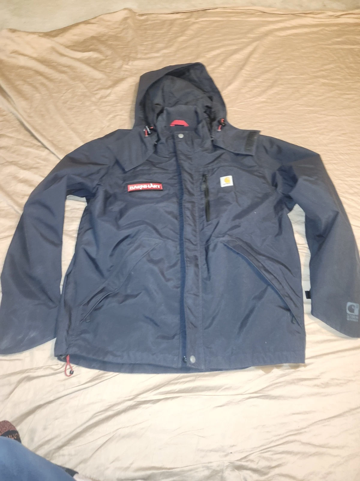 Carhartt Jacket Size Medium Storm Defender Hooded Rain Coat Black Patch Barnhart