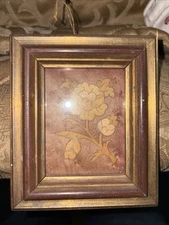 VTG Inlaid Wood Marquetry Floral Picture Gold Frame Gallery Wall Boho Made Italy