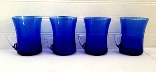 Set of 4 Cobalt Blue Glass Coffee Mugs Clear Handles
