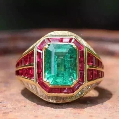 3.15Ct VVS1 Lab-Created Emerald & Ruby Men's Anniversary Ring 14K Yellow Gold FN