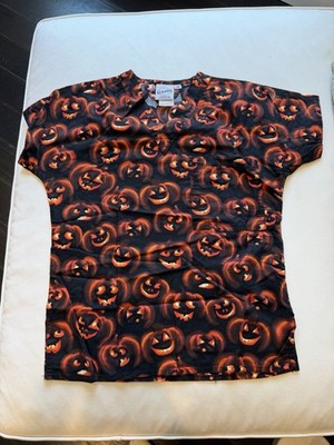 Scrubs Unisex XS V-Neck Medical Scrub Top Cotton Black/Orange Pumpkin Print