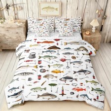 Fishing Reversible Comforter Set 7 Piece Twin Size,Fishing Rod and Hook Bed S...