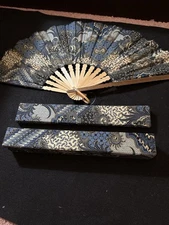 Handmade Indonesian Folding Fan w/ Matching Decorative Fabric BoxBlue Gold Batin