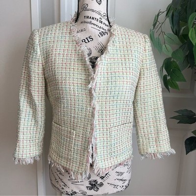ABS by Allen Schwartz Tweed Fringe Clasp Blazer Green Sz 2