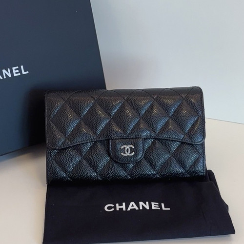Chanel Classic Flap Caviar Black Leather Wallet Diamond Wristlet Bag SHW