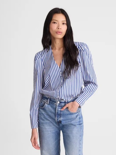 NWT Madewell Stacked-Button V-Neck Poplin Shirt size M in French Blue Stripe