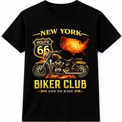 Motorrad Route 66 Grafik T-Shirt New York Biker Club Live to Ride Tee