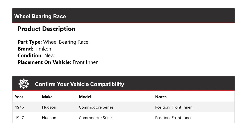 Cojinete de rueda interior delantero Timken para 1946-1947 Hudson Commodore Series Foto 2 de 4