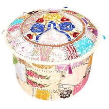 Indian Patchwork Cotton White Foot Stool Seating Handcrafted Ottoman Pouf 18 in