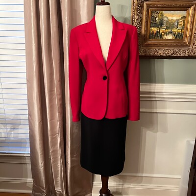 NWOT Kasper Red Jacket Blazer 8P Black Skirt 10P Two-Piece Power Suit