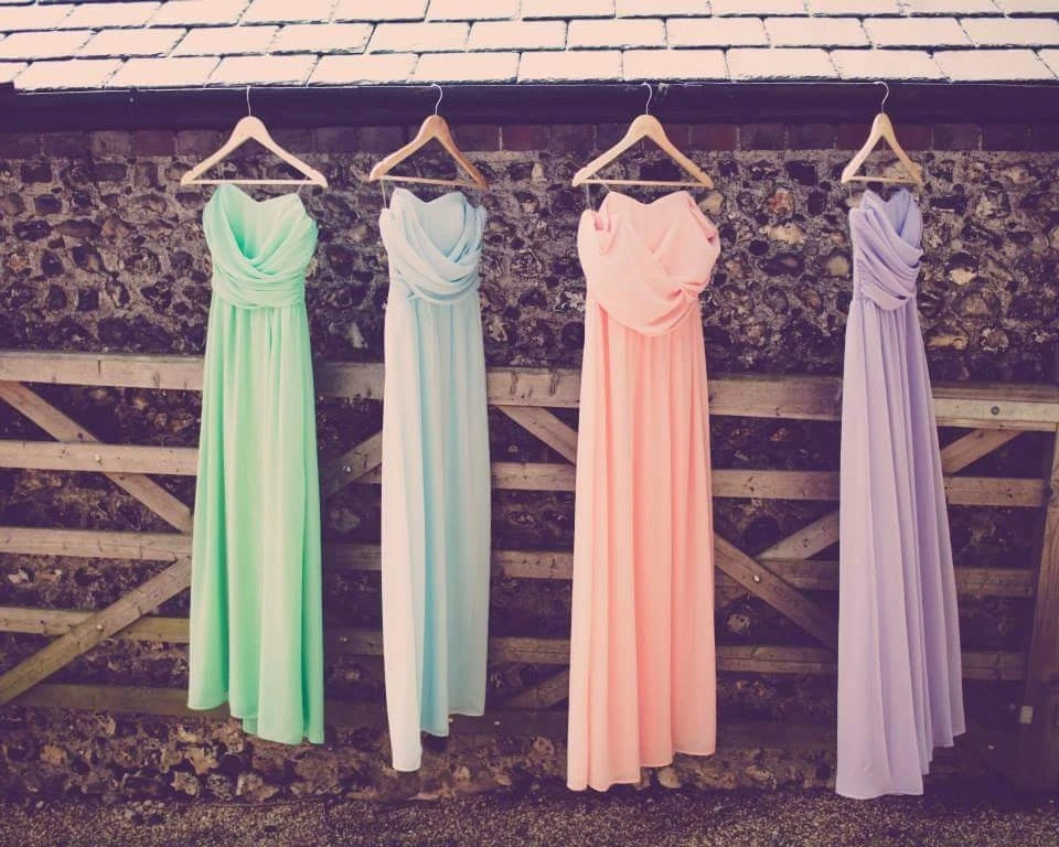Set of 4 Pastel GREEN BLUE PINK PURPLE Strapless Chiffon Maxi Bridesmaid Dresses