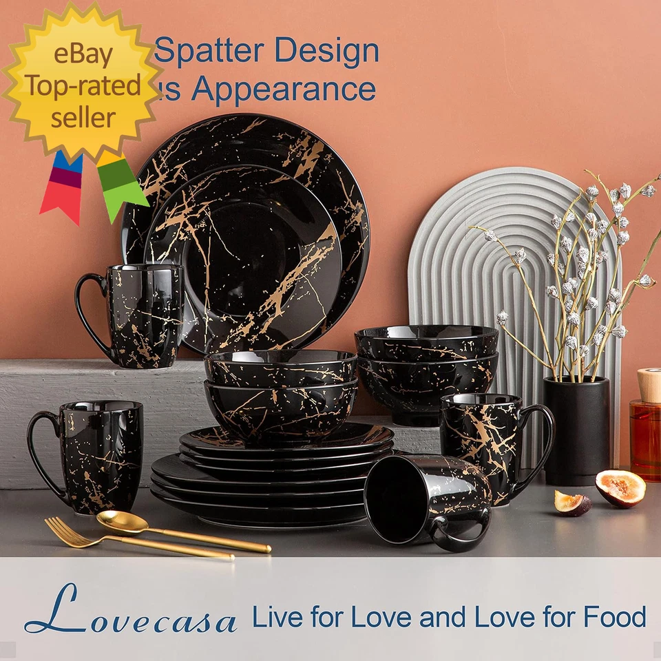 Наборы тарелок и чаш для 4, черные наборы столовой посуды 16 предметов золотой брызги глазурь ro - Изображение 2 из 4