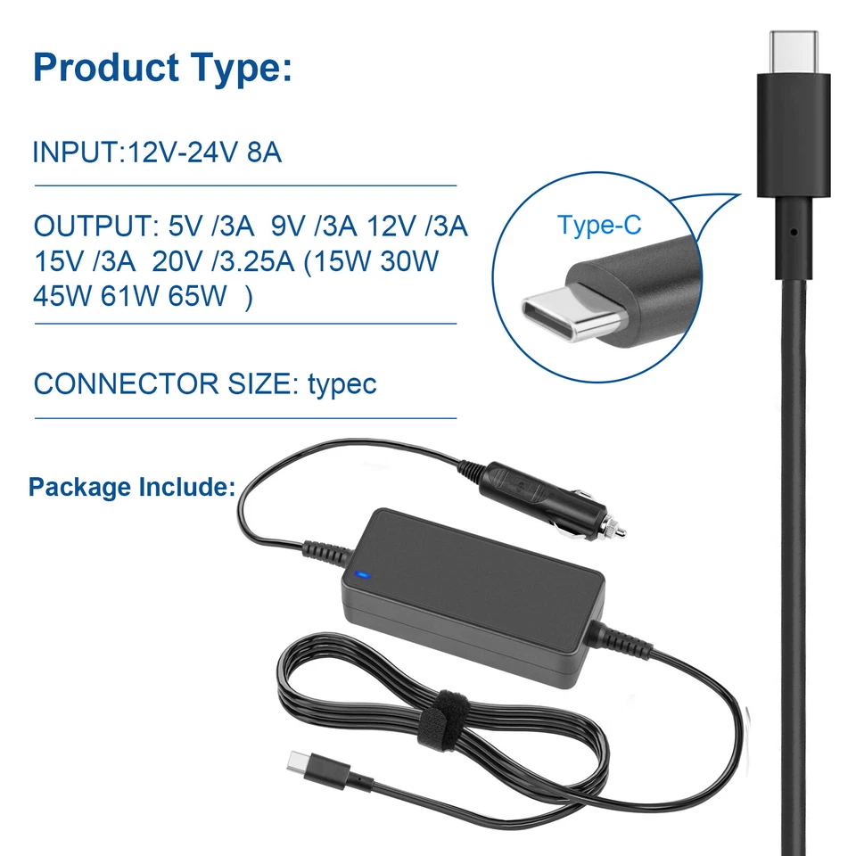Carregador de carro laptop 65W USB-C PD para Lenovo ThinkBook ThinkPad Yoga IdeaPad Dell - Imagem 4 de 4