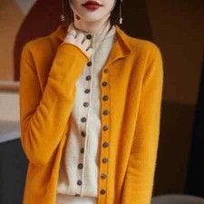 Women Long Sleeve Button Merino 100 Wool Knitted Solid Cardigan Autumn/Winter