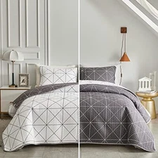  3 Piece Reversible Quilt Set Plaid White & Gray Queen(88x88) Black&white Line
