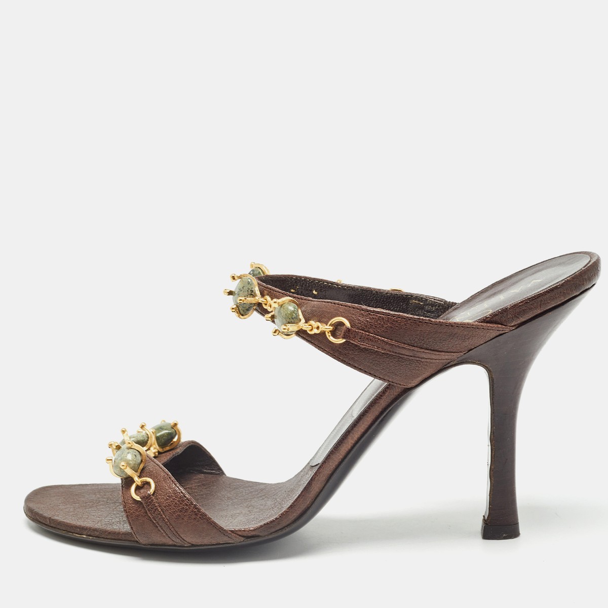 Valentino Brown Leather Embellished Slide Sandals Size 37 | eBay