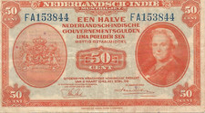 RARE 1943 NEDERLANDSCH-INDIE 50 Cent banknote  VF Circulated # 1