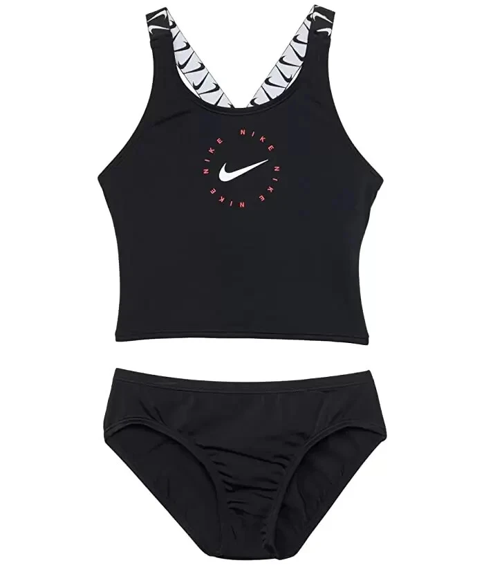 Nike L126138 Kids Black Logo Tape Cross Back Midkini Two Piece Set Size XS