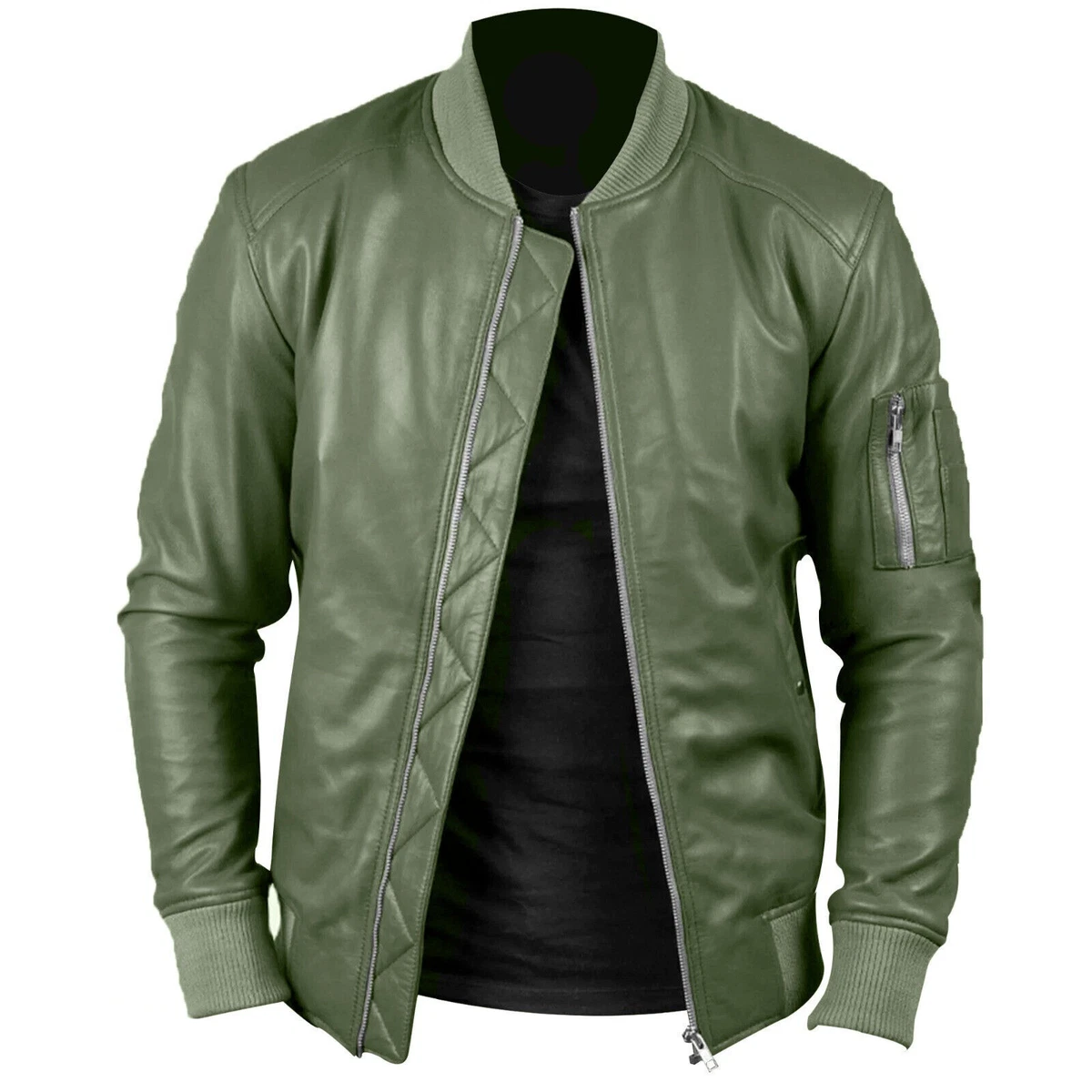 Men s Genuine Leather Olive Green Lambskin Bomber Biker Jacket Casual Wear Coat