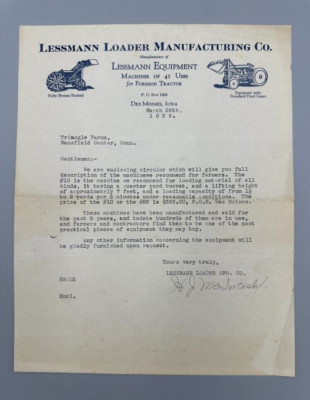 1926 Lessmann LOADER for FORDSON TRACTOR Farm DES MOINES IOWA Advertising Letter