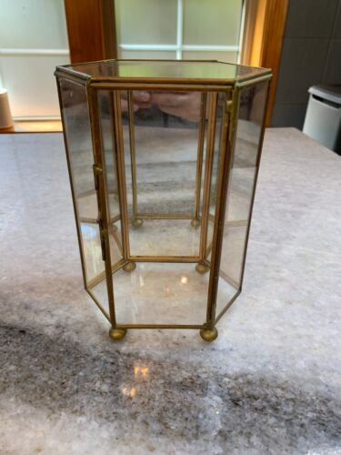 Vintage Hexagonal Mirrored Glass Brass Display Case 7.25" T x 5" W Keepsake Box! - Picture 1 of 7