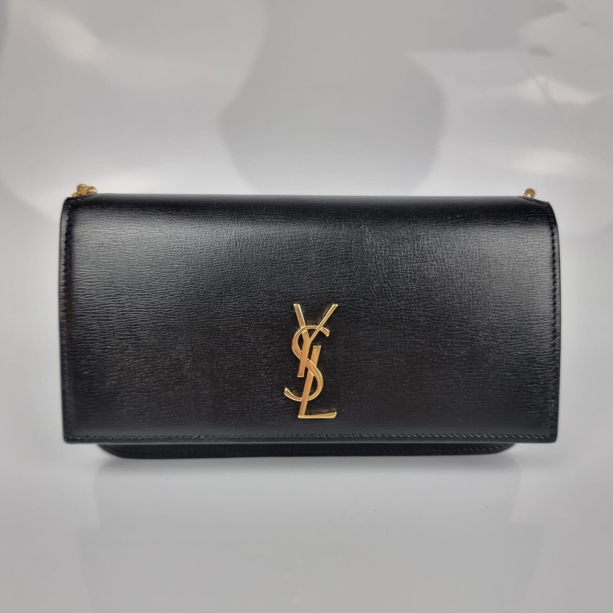 SAINT LAURENT Cassandre Black Leather Phone Holder New