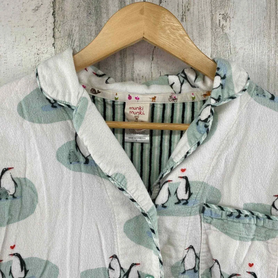 Conjunto de pijama Munki Munki para mujer pequeño blanco verde pingüino rayón mezcla de algodón Foto 3 de 4