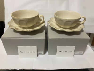 MinoYakiWare Rinka Soup Cup & Saucer set Porcelain White  Kaneko Kohyo Set of 2