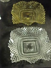 2 Fabulous Diamond Pattern 7" Glass Candy Dishes Amber & Crystal 